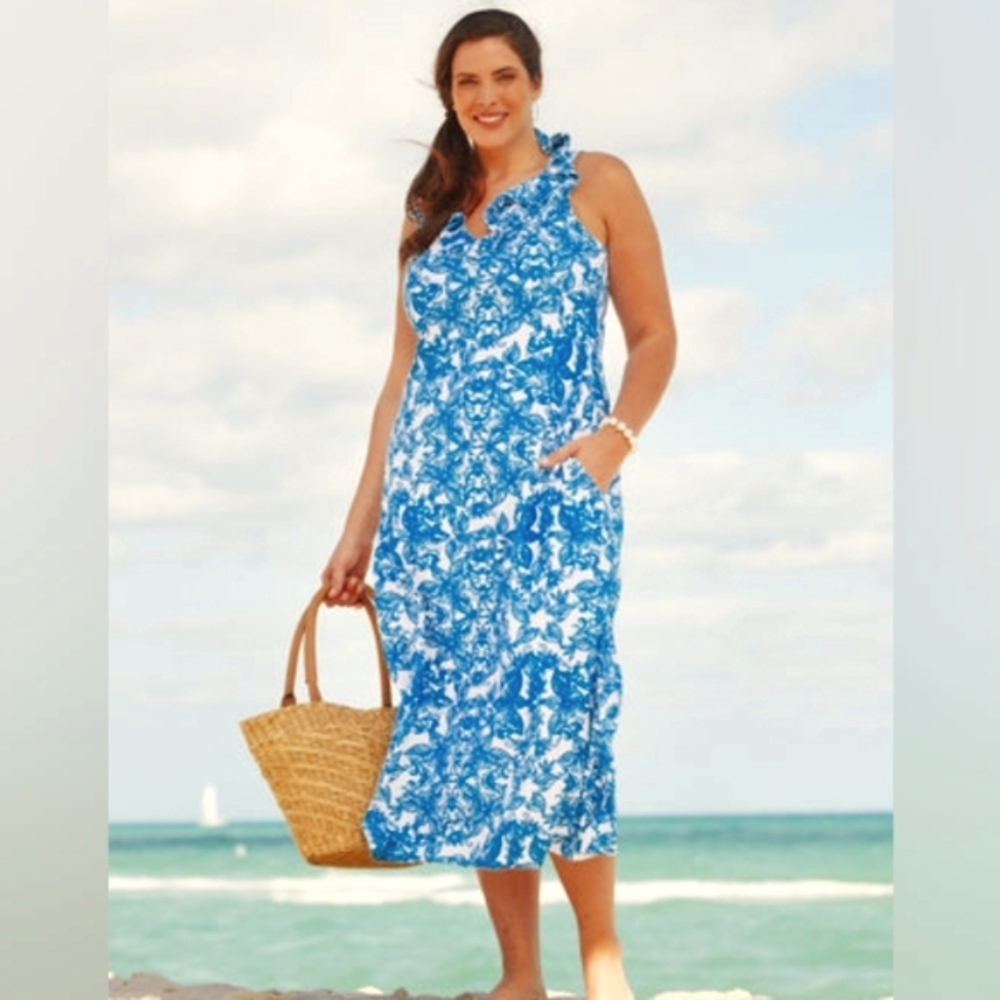 Cabana Life Sleeveless- V Neck/Ruffle- Pocket Maxi Dress, Blue/Floral NWT Medium